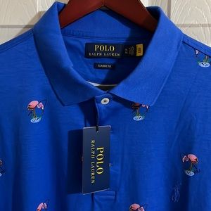 NWT - Polo Ralph Lauren Mens Short Sleeve Shirt Blue Pink Flamingo.
